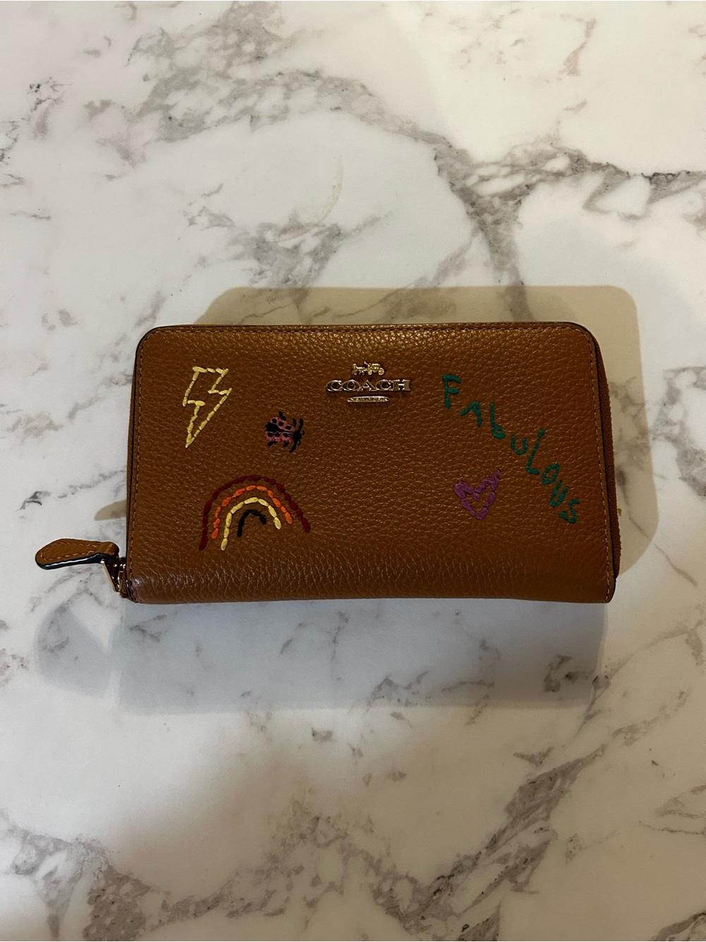 Coach Brown Leather Zip Wallet with Colorful Embroidered Patches